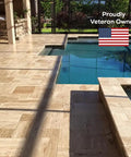 1 Gal Stone Plus Gloss Clear Acrylic Sealer applied on travertine poolside, showcasing satin finish for indoor and outdoor use.