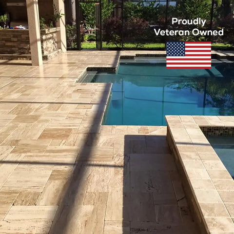 1 Gal Stone Plus Gloss Clear Acrylic Sealer applied on travertine poolside, showcasing satin finish for indoor and outdoor use.