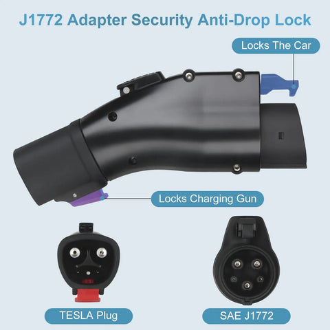Tesla To J1772 Charging Adapter Connector, Max 60 Amp 250 Volt Electric Vehicle Converter with anti-drop lock feature.