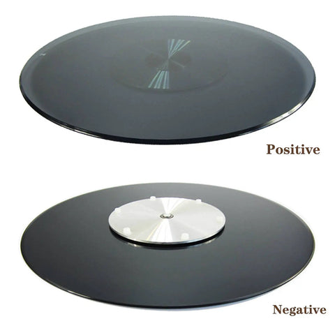 Heavy Duty 31 Inch Lazy Susan Turntable with tempered glass and aluminum base, top and bottom view, grey rotating serving tray.