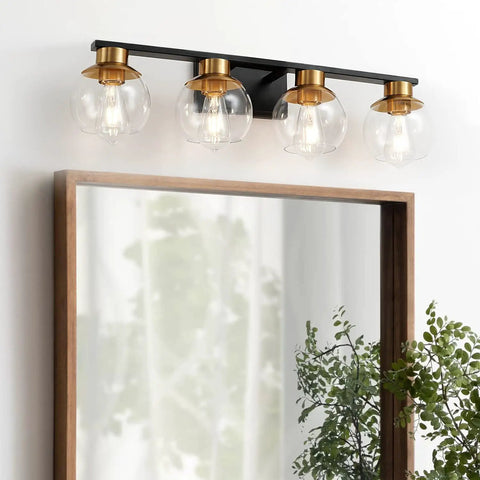 Black Gold 4 Light Vanity Light Fixture Over Mirror With Globe Glass Shades E26 Base Mid Century Modern Wall Sconce