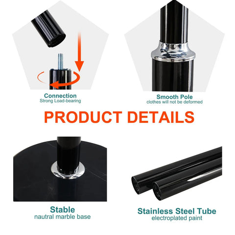 Product details of Marble Base Coat Rack With 12 Hooks, showcasing marble base, smooth pole, and stainless steel connections.