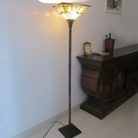Tiffany Style Mission Floor Lamp With Real Stained Glass Shade, Vintage Uplight Torchiere in room corner near wooden cabinet
