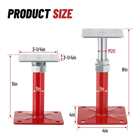 Heavy Duty 5000 Pound Screw Jacks For Floor Leveling Adjustable Foundation Supports detailed dimensions with red steel construction.