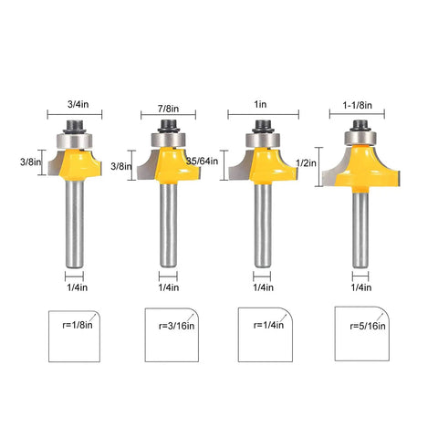 Get The Best Router Bit Set For Your Woodworking Projects With This 4 Piece Round Over Flush Trim Tool Kit Featuring Carbon Steel 1/4 Inch Shank Bits, four 1/4 inch shank router bits sizes 3/4 to 1-1/8 inches for trimming.