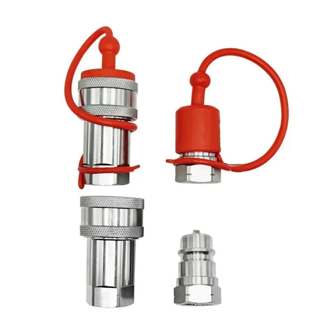 Unlock The Full Potential With These Two Sets Of Heavy Duty Hydraulic Quick Connect Couplers Covering 1/4 3/8 And 1/2 Inch Npt Sizes With Dust Safety Caps To Keep Debris Out Secure And Stable Fits For Pump Tractor Systems Easy Snap Install Saves Cash For. chrome hydraulic quick connect couplers with red dust caps