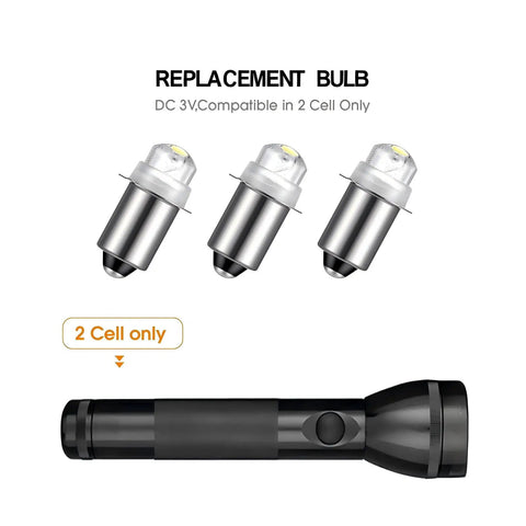 Two Pack 3V P13.5S LED Flashlight Bulbs For 30 Lumen Torch Replacement For AA C And D Cells With Ten Year Lifespan Easy Install