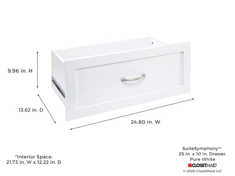 SuiteSymphony Wood Closet Drawer Add On Accessory For 25 Inch Wide Storage Tower Deep 10 Inch Tall Shaker Style Drawer Pure White Finish shown with dimensions.