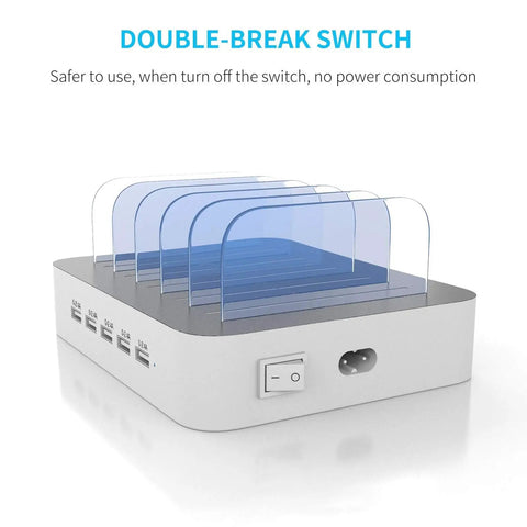 Five Port USB A Charging Station For Multiple Devices Desktop Dock Organizer With Seven Short Cables Included front view