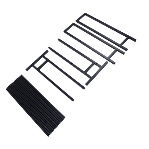 Rock Solid Heavy Duty 3D Printer Filament Rack 7 Tier Alloy Steel components arranged for assembly showcasing black alloy steel parts.