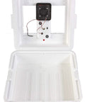9300 Digital Still Air Egg Incubator open showing interior components, controls, and egg tray, made of white Styrofoam.