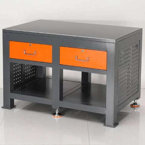 Heavy Duty Steel Workbench For Garage And Auto Shop Tough As Nails Industrial Maintenance Bench with two orange drawers.