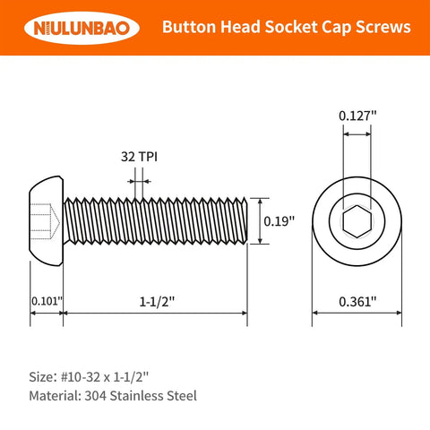 Top Shelf Heavy Duty 10-32 By 1.5 Inch Button Head Socket Cap Screws with dimensions and specifications, 304 Stainless Steel.