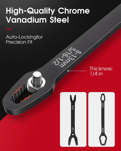 5 Piece Universal Do It All Self Adjusting Wrench Set With Self Locking Double End Torx Wrenches For Auto Repair Home Outdoor Riding One Eighth To One Inch Nut Sizes Durable Chrome Vanadium Steel, close-up of chrome vanadium steel wrench