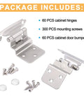 Package contents of Three Eighths Inch Inset Hinges For Face Frame Kitchen Cabinets Satin Nickel Self Closing Cupboard Hardware.