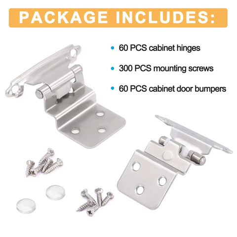 Package contents of Three Eighths Inch Inset Hinges For Face Frame Kitchen Cabinets Satin Nickel Self Closing Cupboard Hardware.