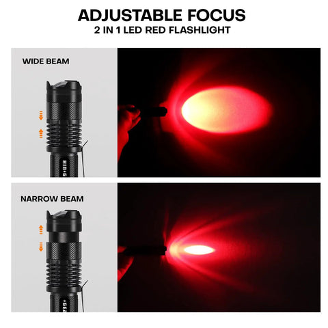 Red LED Flashlight With One Mode For Night Observation Astronomy And Aviation Two Pack Red Light Torch Powered By AA Battery Not Included shown with wide and narrow beam