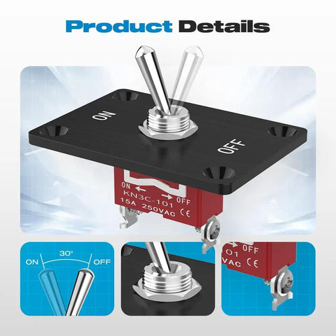 Heavy Duty 12V 30A SPST Toggle Switch Waterproof On Off 2 Pin With Panel Mount And Waterproof Cap, black knob detail