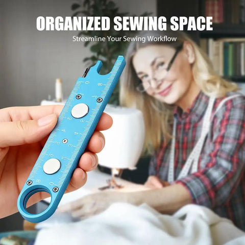Person holding 3 In 1 Needle Threader And Seam Ripper For Sewing Machines with alignment guide, magnetic back, built-in ruler