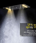 Heavy Duty 15 By 28 Inch Led Ceiling Rain Shower Head With Handheld Spray Antique Brass Finish close-up of SPA water spray mode.