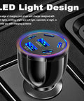 Six Port Car Charger Delivering Seventy Five Watts With Four Usb Type C And Two Classic Usb A Outlets That Hand PD Thirty Watt Lightning Speed to enable LED light guidance.