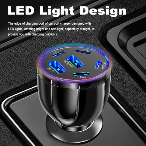 Six Port Car Charger Delivering Seventy Five Watts With Four Usb Type C And Two Classic Usb A Outlets That Hand PD Thirty Watt Lightning Speed to enable LED light guidance.