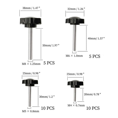 Stainless Steel Hex Shaped Hand Knob Set With Nuts And Flat Washers, M4 M5 M6 M8 Assortment sizes and pieces in diagram.