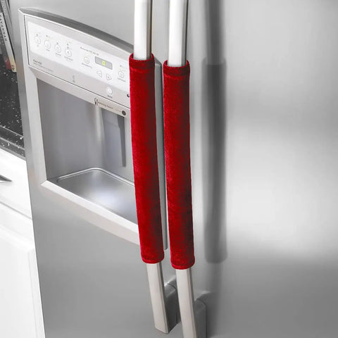 Five Piece Velcro Refrigerator Door Handle Covers In Big Red on stainless fridge, protects from smudges and stains.