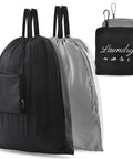2 Pack Travel Laundry Bags With Handles And Aluminum Carabiner Dirty Clothes Organizer visible in black and gray, 24 by 21 inches