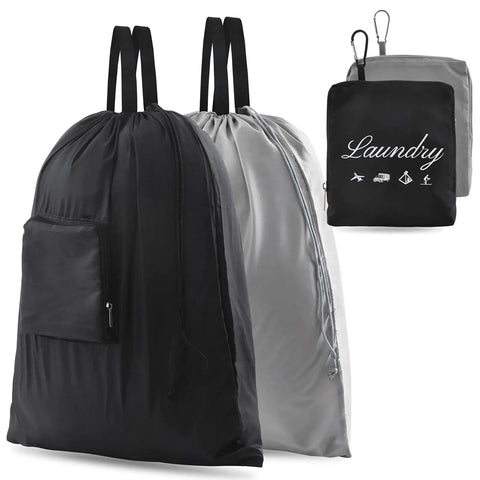 2 Pack Travel Laundry Bags With Handles And Aluminum Carabiner Dirty Clothes Organizer visible in black and gray, 24 by 21 inches
