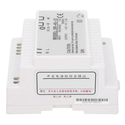 Beefy 45W 12V DIN Rail Switching Power Supply For Industrial Control, 100 240VAC Input, 12V Output, Single Output, Rugged ABS Housing, Plug And Play, Universal Electrical Conversion Component, white ABS housing front view