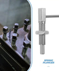 Badass Stainless Steel L Shaped Indexing Lock Plunger Pin With Spring Loaded Catch Latch For Cabinets And Industrial Gear M10 Pin close-up image next to threaded bolts.