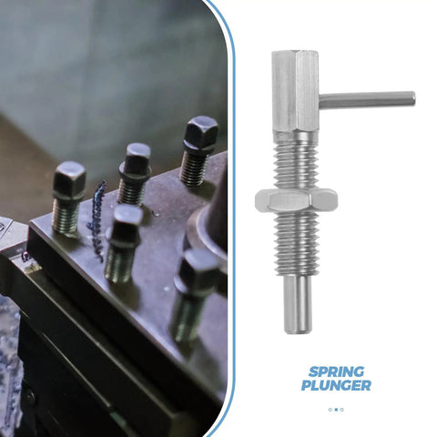 Badass Stainless Steel L Shaped Indexing Lock Plunger Pin With Spring Loaded Catch Latch For Cabinets And Industrial Gear M10 Pin close-up image next to threaded bolts.