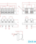 Technical diagram of Heavy Duty 8A Four Way Speaker Terminal Block with measurements, showing four terminals and double-sided copper clips.