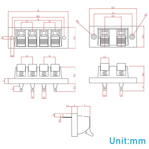 Technical diagram of Heavy Duty 8A Four Way Speaker Terminal Block with measurements, showing four terminals and double-sided copper clips.