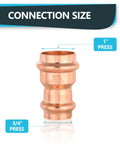 Bulk Box Of One Hundred Professional Grade Copper Press Couplings With Built In Stops, One Inch By Three Quarter Inch Plumbing Fittings shown with connection size.