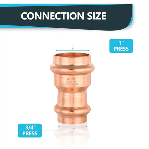 Bulk Box Of One Hundred Professional Grade Copper Press Couplings With Built In Stops, One Inch By Three Quarter Inch Plumbing Fittings shown with connection size.