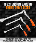 Four extension bars with orange grips from 20 Piece Socket Extension Bar Set With One Quarter Inch, Three Eighths Inch And One Half Inch Drives, Universal Joints, Couplers And Shank, CR-V Steel Handy Mechanic Kit For Reaching Tight Spaces displayed on a textured background.
