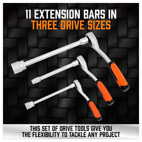 Four extension bars with orange grips from 20 Piece Socket Extension Bar Set With One Quarter Inch, Three Eighths Inch And One Half Inch Drives, Universal Joints, Couplers And Shank, CR-V Steel Handy Mechanic Kit For Reaching Tight Spaces displayed on a textured background.