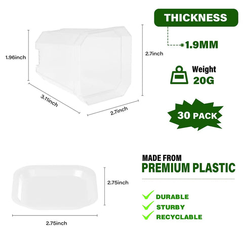 Specifications of clear 3 inch nursery pots with saucers, 30 pack, showing dimensions, weight, and material attributes