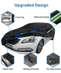 Black waterproof all weather car cover for sedans with reflective stripes and windproof buckles, covering sedan 194-208 inches.