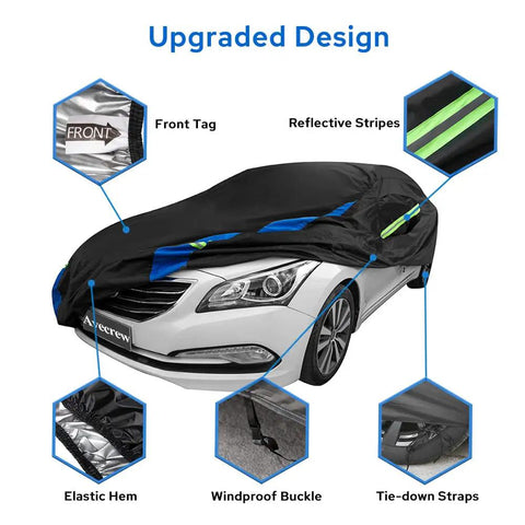 Black waterproof all weather car cover for sedans with reflective stripes and windproof buckles, covering sedan 194-208 inches.