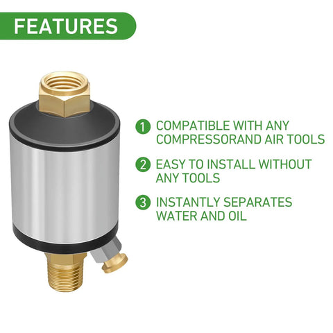 Water Separator Filter For Air Lines 1/4 Inch NPT Inlet And Outlet with features list and gold fittings.