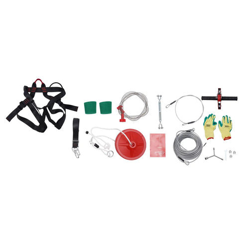 160ft Zip Line Kit For Kids With 330lbs Load Multifunctional Seat Stainless Steel Spring Brake Built Tough For Home Backyards Parks Camping And Playgrounds Great For The Fam components displayed including harness, seat, brake and cable.