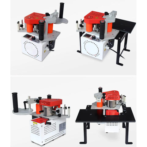 Portable Edge Banding Machine With Double Side Glue for woodworking with 720W power, 50Hz, showcased in multiple angles.