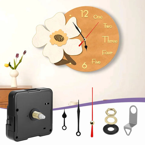 Quartz Clock Movement Replacement Kit Battery Operated Mechanism with Short Shaft and 50mm Spade Hands displayed with DIY wall clock.