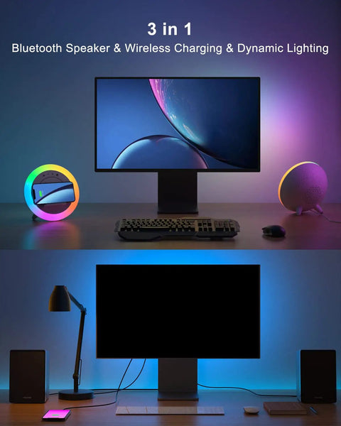 Desktop setup featuring 4 In 1 Bluetooth Speaker With Lights And Wireless Charging Station For Teens And Dorm Rooms.