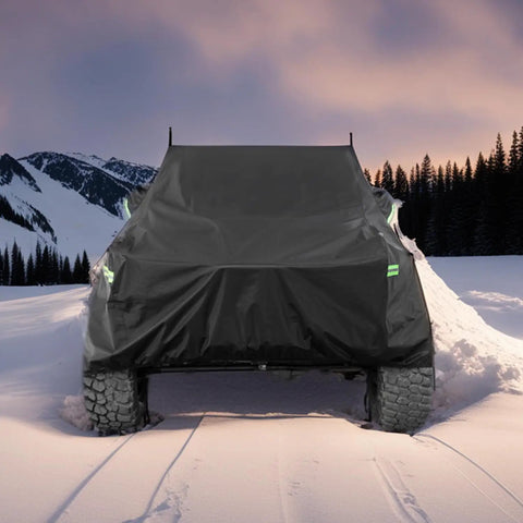 Waterproof All Weather Jeep Wrangler Cover For 2 Door Models 1987 To 2026 Outdoor Sun Rain Wind Snow Dustproof With Driver Door Zipper Black in snowy landscape