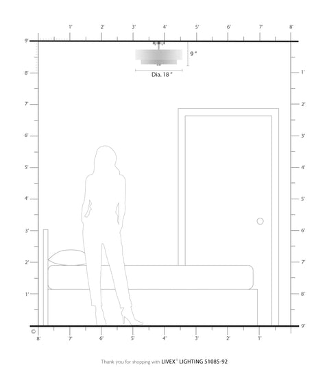 Diagram showing dimensions of Four Light Semi Flush Mount Ceiling Fixture In English Bronze With Oatmeal Fabric Hardback Drum Shade