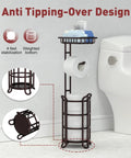 Bronze free standing toilet paper holder stand dispenser with top shelf for bathroom storage next to toilet, anti-tipping design.